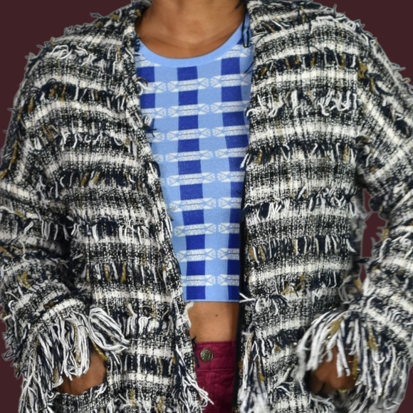 Zara Basic Fringe Tweed Coat Jacket Black White Metallic Thread Open Front Small - Picture 4 of 15